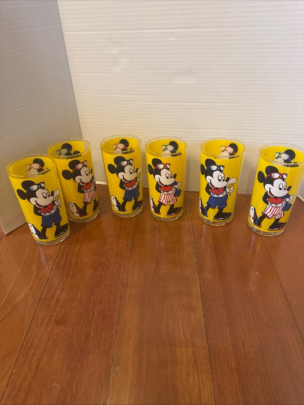 Vtg 6 Mickey Mouse HJ Stotter Plastic Tumblers Yellow Summer Beach Disney Cups